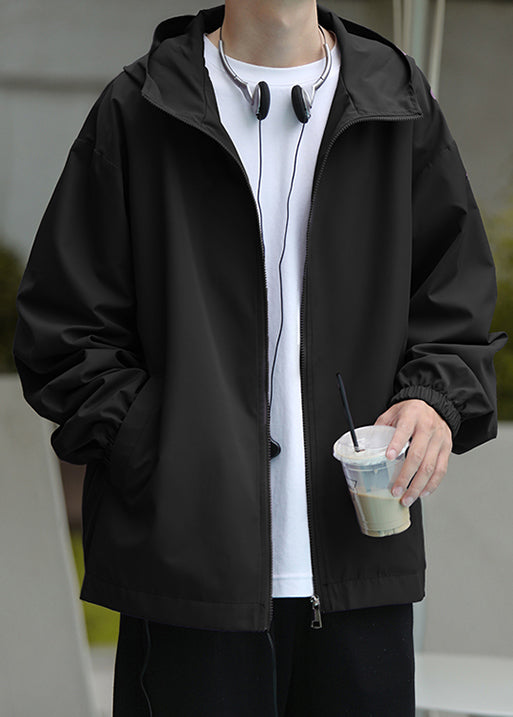 Men Coat Black Pockets Spring Cotton Zippered Hooded Classy