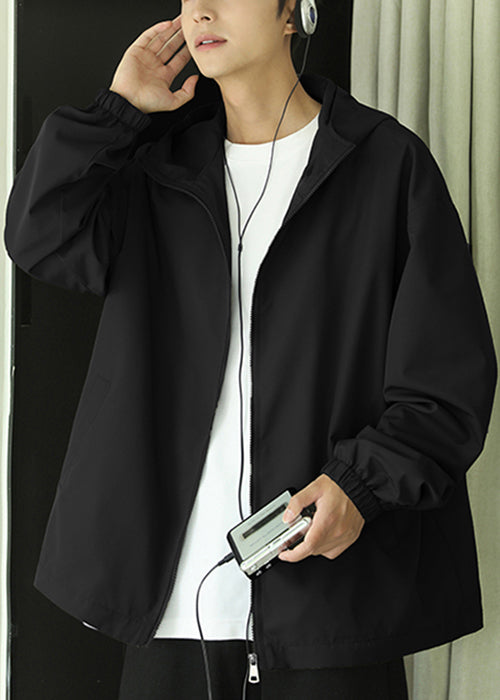 Men Coat Black Pockets Spring Cotton Zippered Hooded Classy