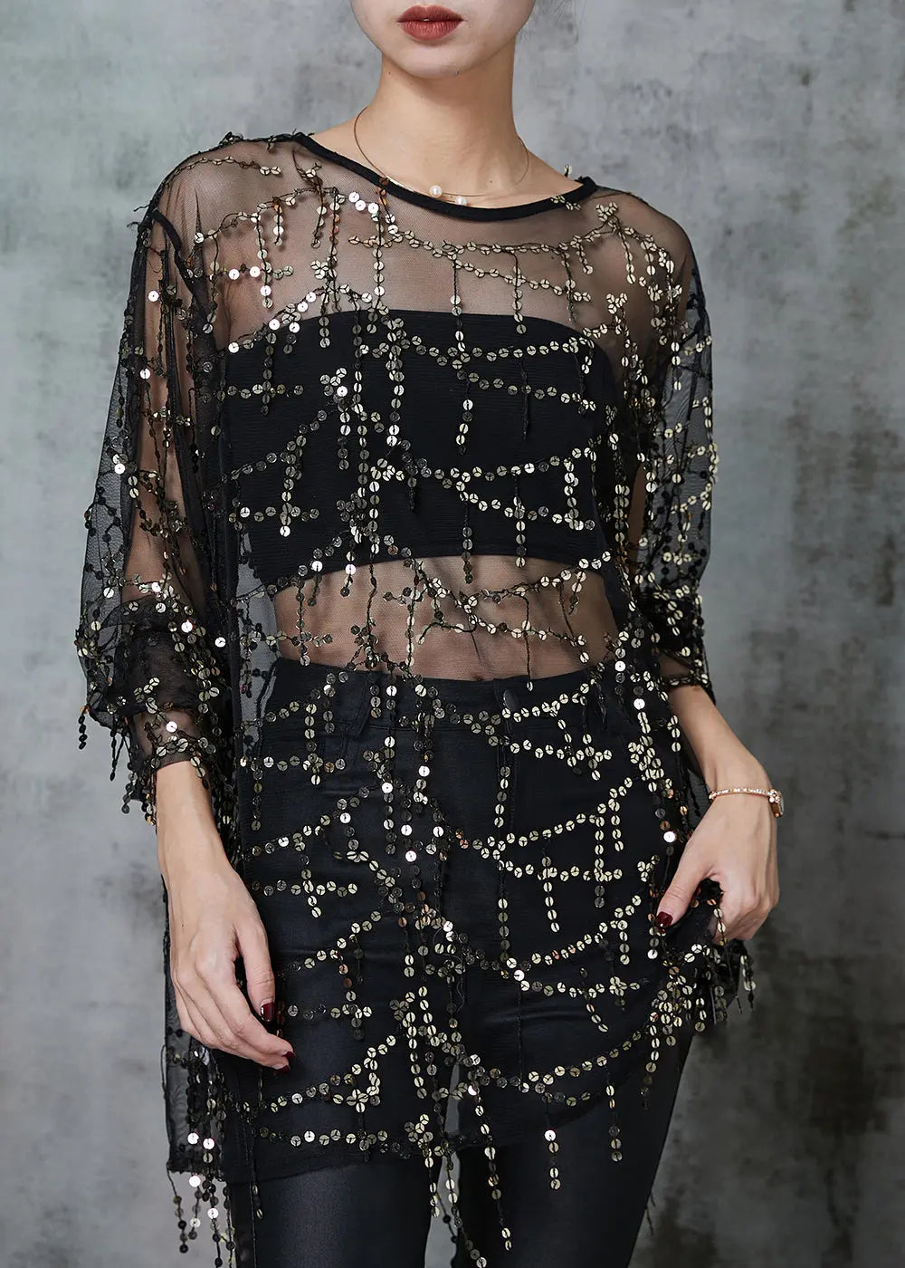 Classy Black Sequins Hollow Out Tulle Tops Summer Ada Fashion