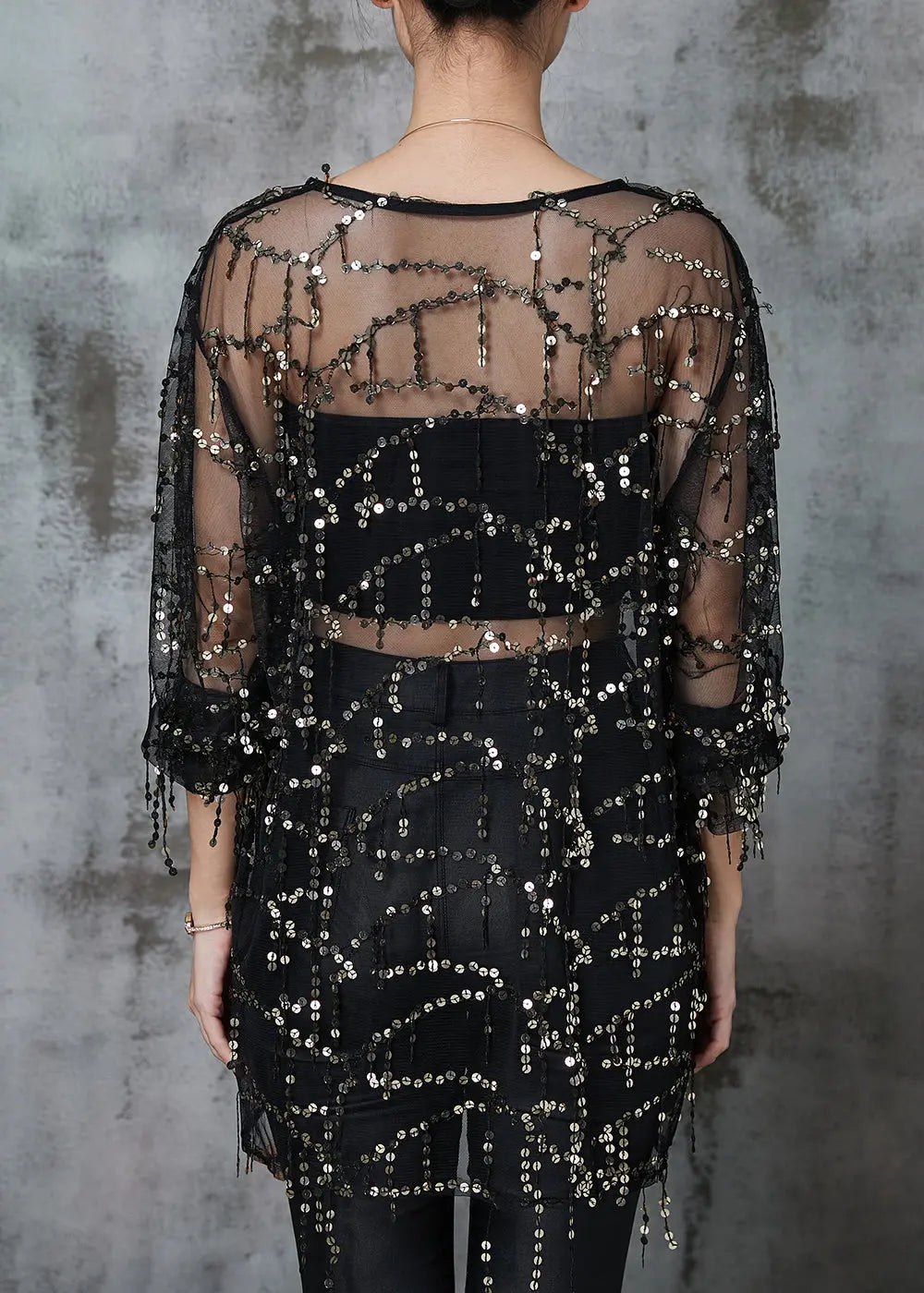 Classy Black Sequins Hollow Out Tulle Tops Summer Ada Fashion