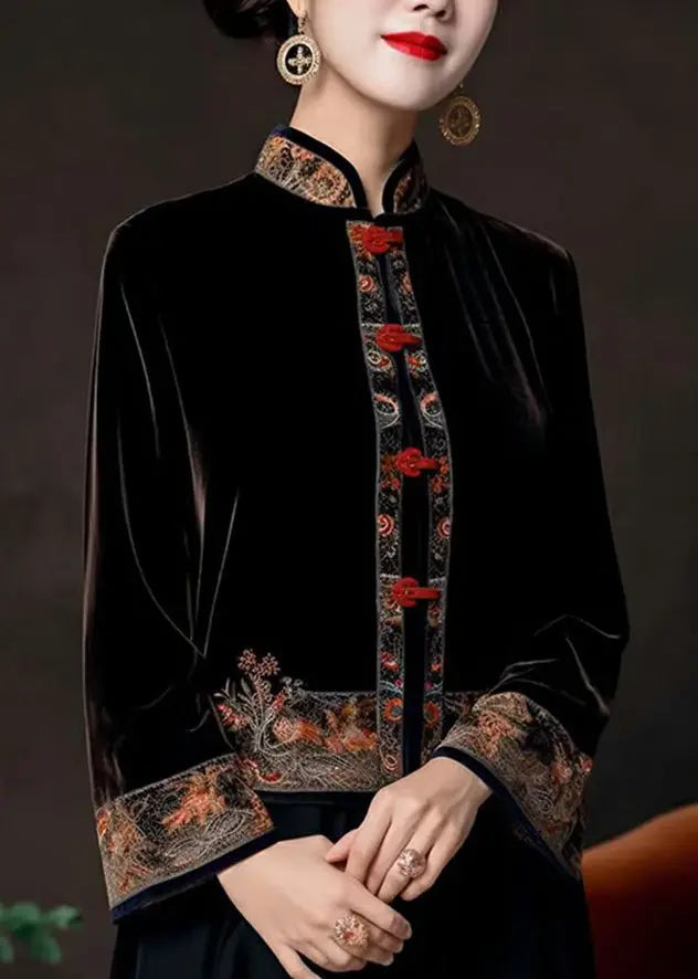 Classy Black Stand Collar Embroidered Silk Velour Coats Fall Ada Fashion