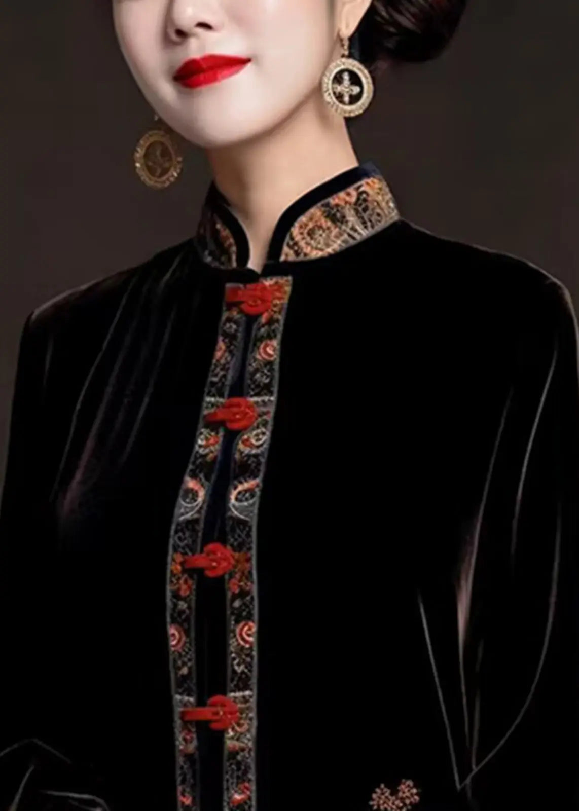 Classy Black Stand Collar Embroidered Silk Velour Coats Fall Ada Fashion