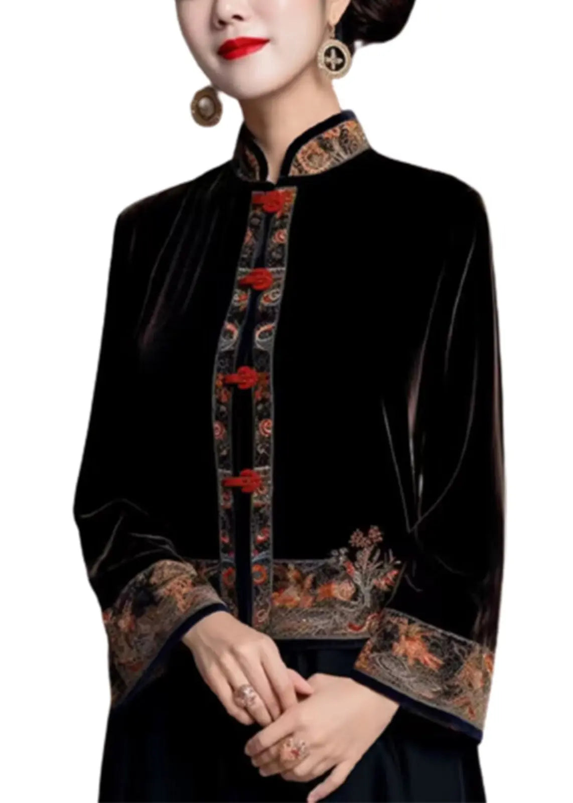 Classy Black Stand Collar Embroidered Silk Velour Coats Fall Ada Fashion