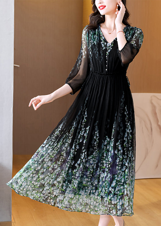 Faltenhals Edles Kleid Kordelzug V Seide Schwarz Lang Print