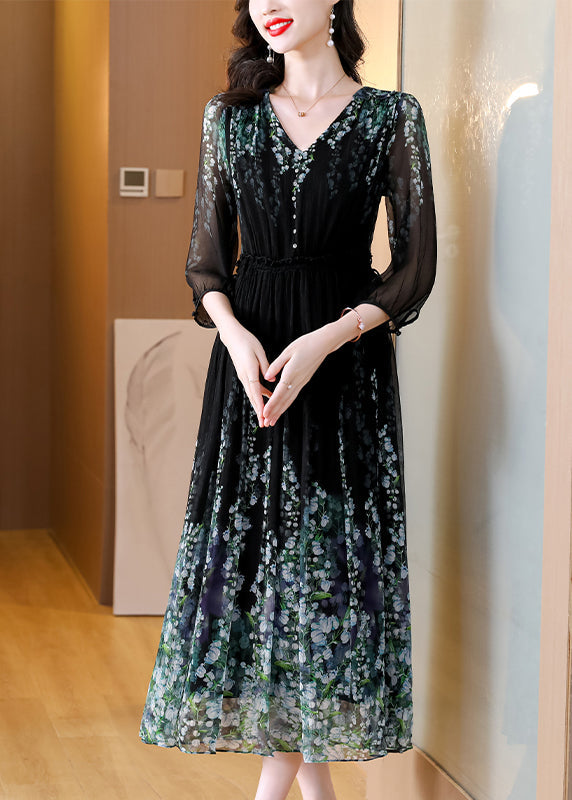Faltenhals Edles Kleid Kordelzug V Seide Schwarz Lang Print
