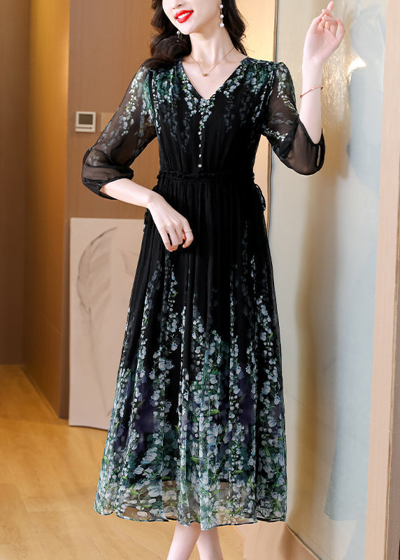 Faltenhals Edles Kleid Kordelzug V Seide Schwarz Lang Print