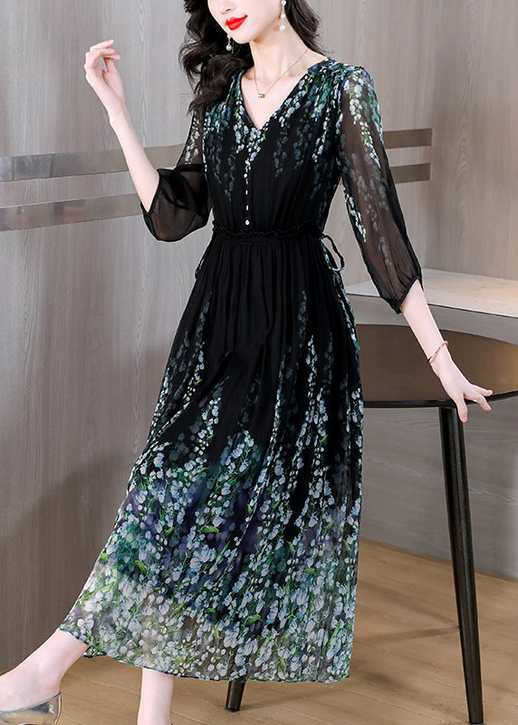 Faltenhals Edles Kleid Kordelzug V Seide Schwarz Lang Print