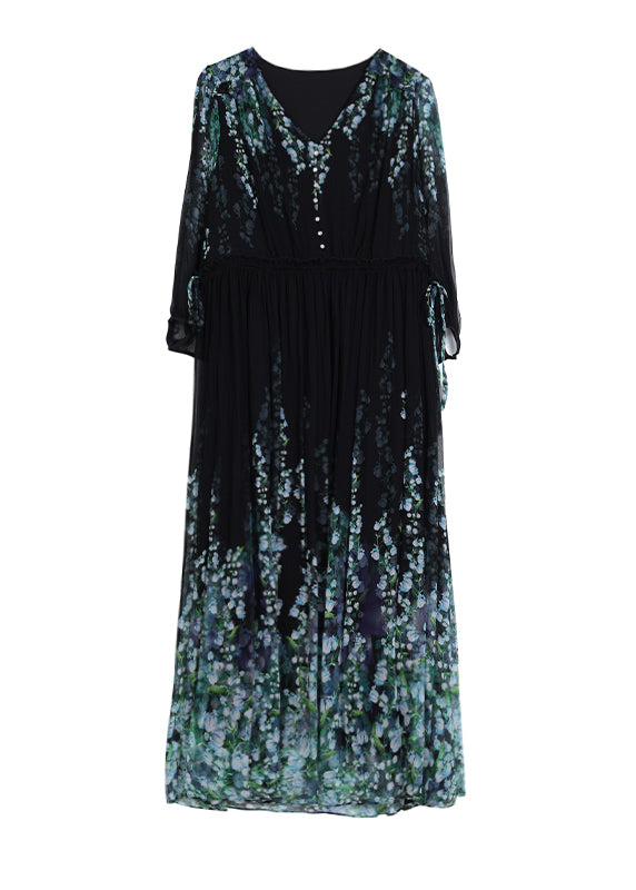 Faltenhals Edles Kleid Kordelzug V Seide Schwarz Lang Print