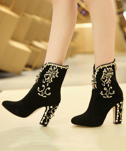 Classy Black Zircon Zippered Suede High Heel Boots RT1085