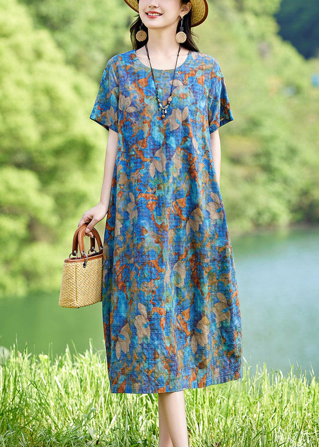 Print Cotton Long Blue Dress Summer Classy O-Neck