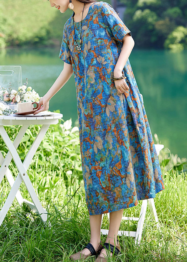 Print Cotton Long Blue Dress Summer Classy O-Neck