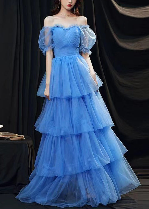 Robe de soirée élégante en tulle à volants bleus superposés et patchwork pour l'été ZL067