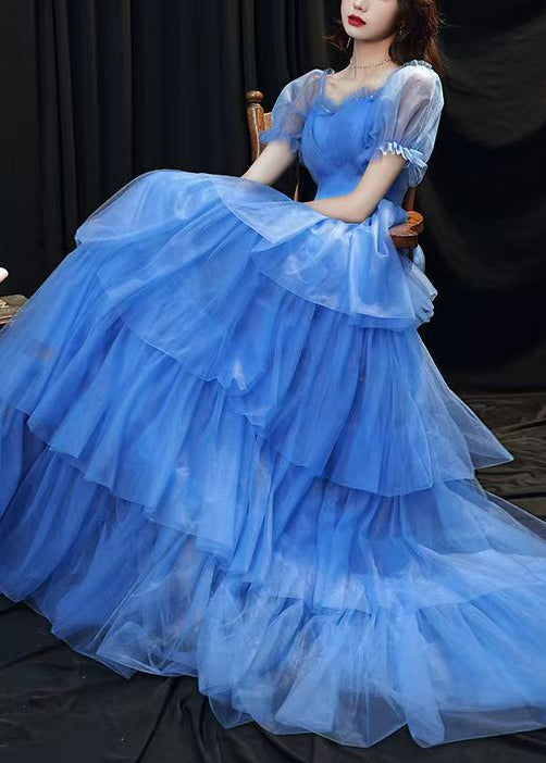 Robe de soirée élégante en tulle à volants bleus superposés et patchwork pour l'été ZL067