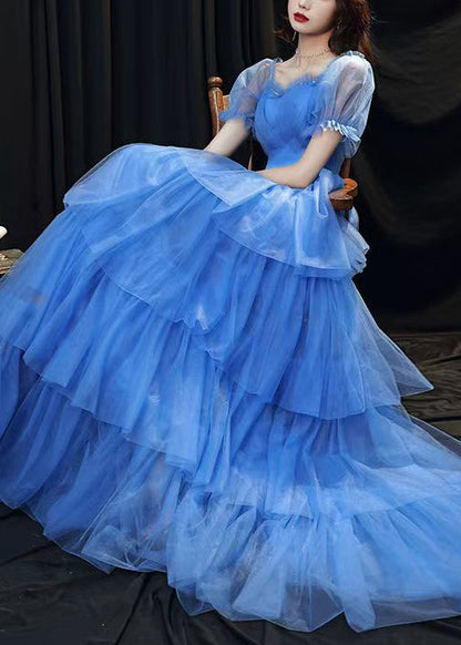 Classy Blue Ruffled Layered Patchwork Tulle Party Dresses Summer ZL067