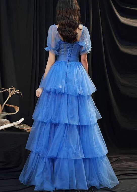 Robe de soirée élégante en tulle à volants bleus superposés et patchwork pour l'été ZL067