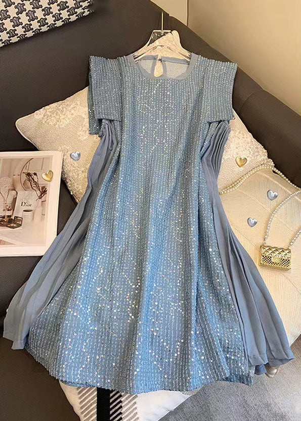 Robe mi-longue en coton patchwork à paillettes bleues élégantes sans manches ZL035