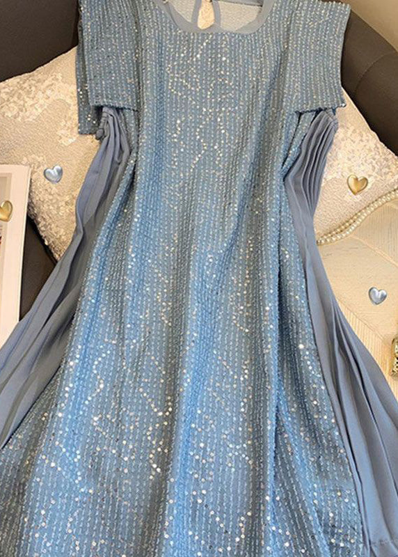 Robe mi-longue en coton patchwork à paillettes bleues élégantes sans manches ZL035