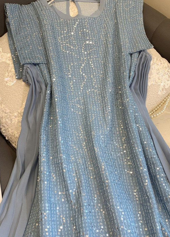 Robe mi-longue en coton patchwork à paillettes bleues élégantes sans manches ZL035