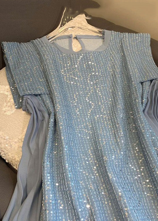 Robe mi-longue en coton patchwork à paillettes bleues élégantes sans manches ZL035