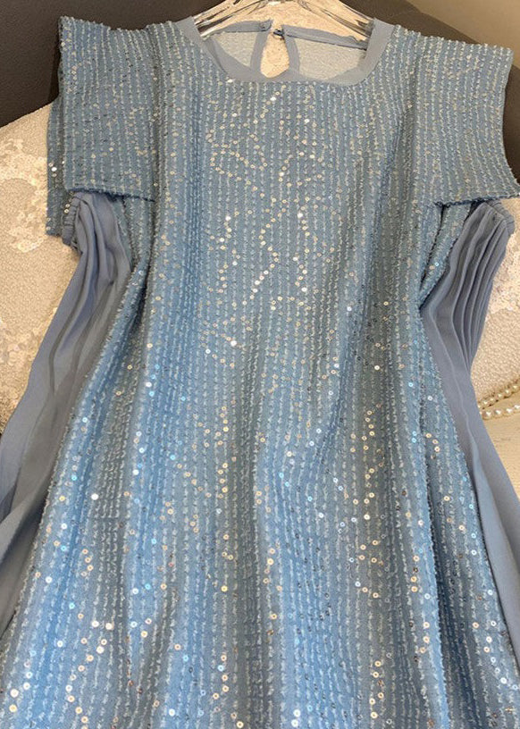 Robe mi-longue en coton patchwork à paillettes bleues élégantes sans manches ZL035