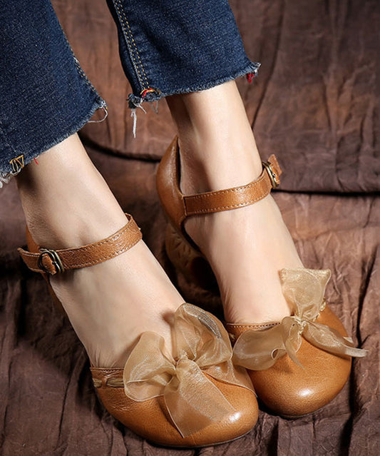 Classy Brown Chunky Cowhide Leather Bow Buckle Strap High Heels SL1007