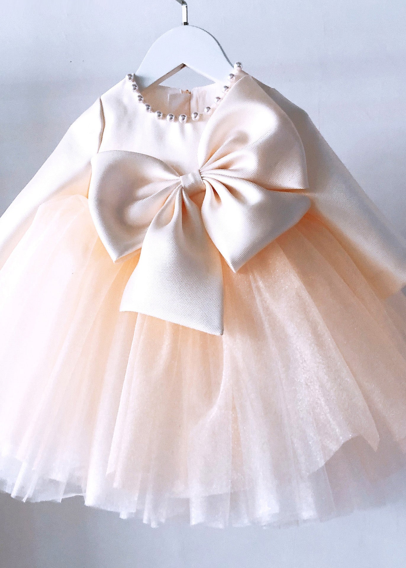 Edle Champagner Patchwork Schleife Tüll Kinder Langes Kleid Frühling YS041
