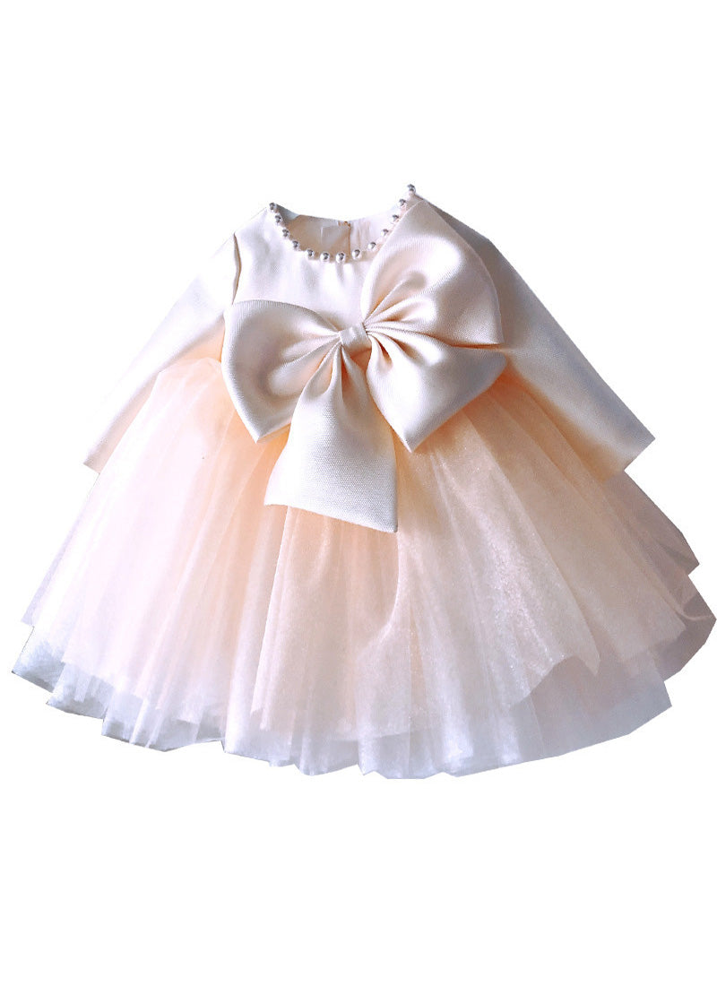 Edle Champagner Patchwork Schleife Tüll Kinder Langes Kleid Frühling YS041