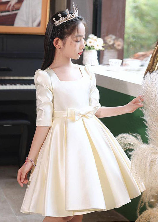 Classy Champagne Square Collar Bow Satin Kids Mid Dresses Half Sleeve QV015