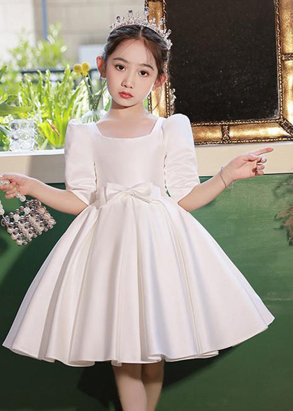 Classy Champagne Square Collar Bow Satin Kids Mid Dresses Half Sleeve QV015