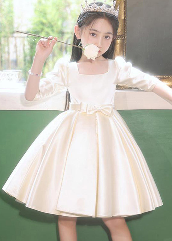 Classy Champagne Square Collar Bow Satin Kids Mid Dresses Half Sleeve QV015