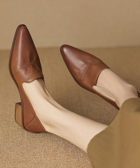 Classy Chunky Loafer Shoes Brown Sheepskin Pointed Toe AP1011