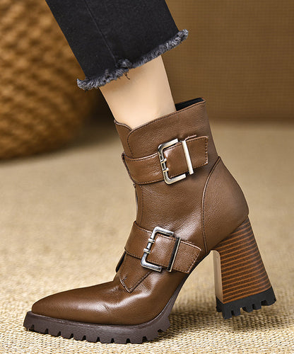 Classy Cowhide Leather Splicing Zippered Chunky Heel Boots Pointed Toe RX009