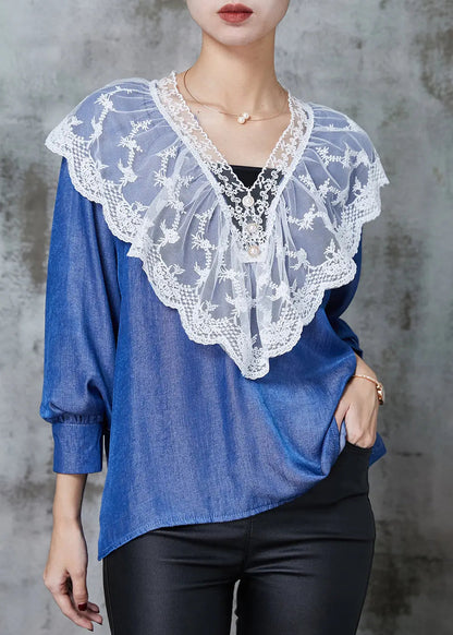 Classy Denim Blue Peter Pan Collar Patchwork Lace Cotton Shirts Spring Ada Fashion