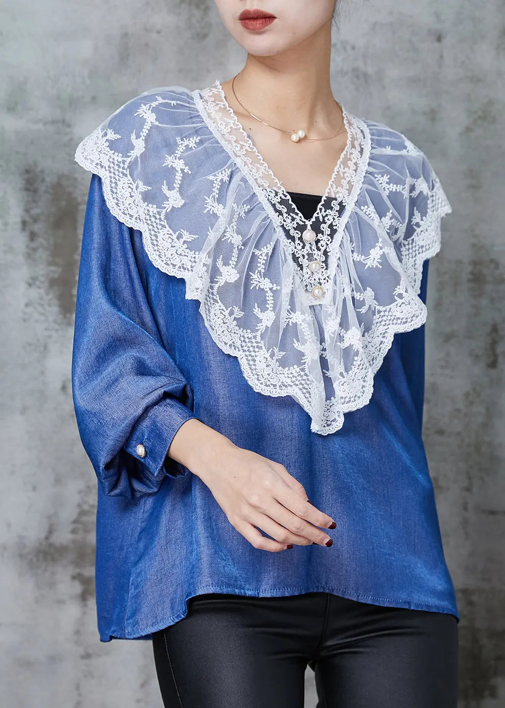 Classy Denim Blue Peter Pan Collar Patchwork Lace Cotton Shirts Spring Ada Fashion