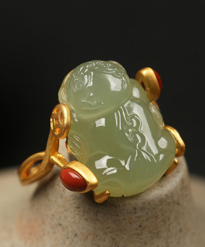 Classy Green Sterling Silver Overgild Jade A Mythical Wild Animal Rings QI079