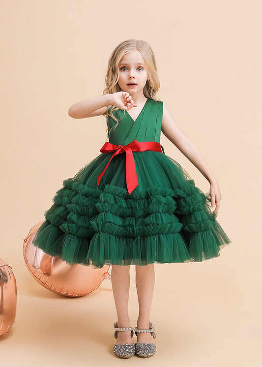 Classy Green V Neck Tie Waist Tulle Girls Long Dresses Summer RP036