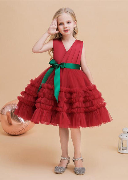 Classy Green V Neck Tie Waist Tulle Girls Long Dresses Summer RP036