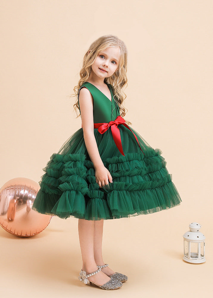 Classy Green V Neck Tie Waist Tulle Girls Long Dresses Summer RP036