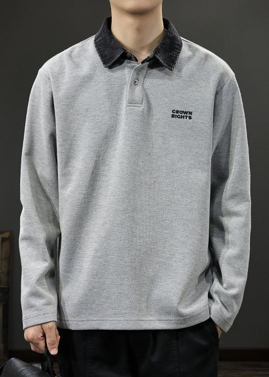 Sweatshirt Patchwork Men Classy Button Polo Cotton Oversized TC035 Spring Grey