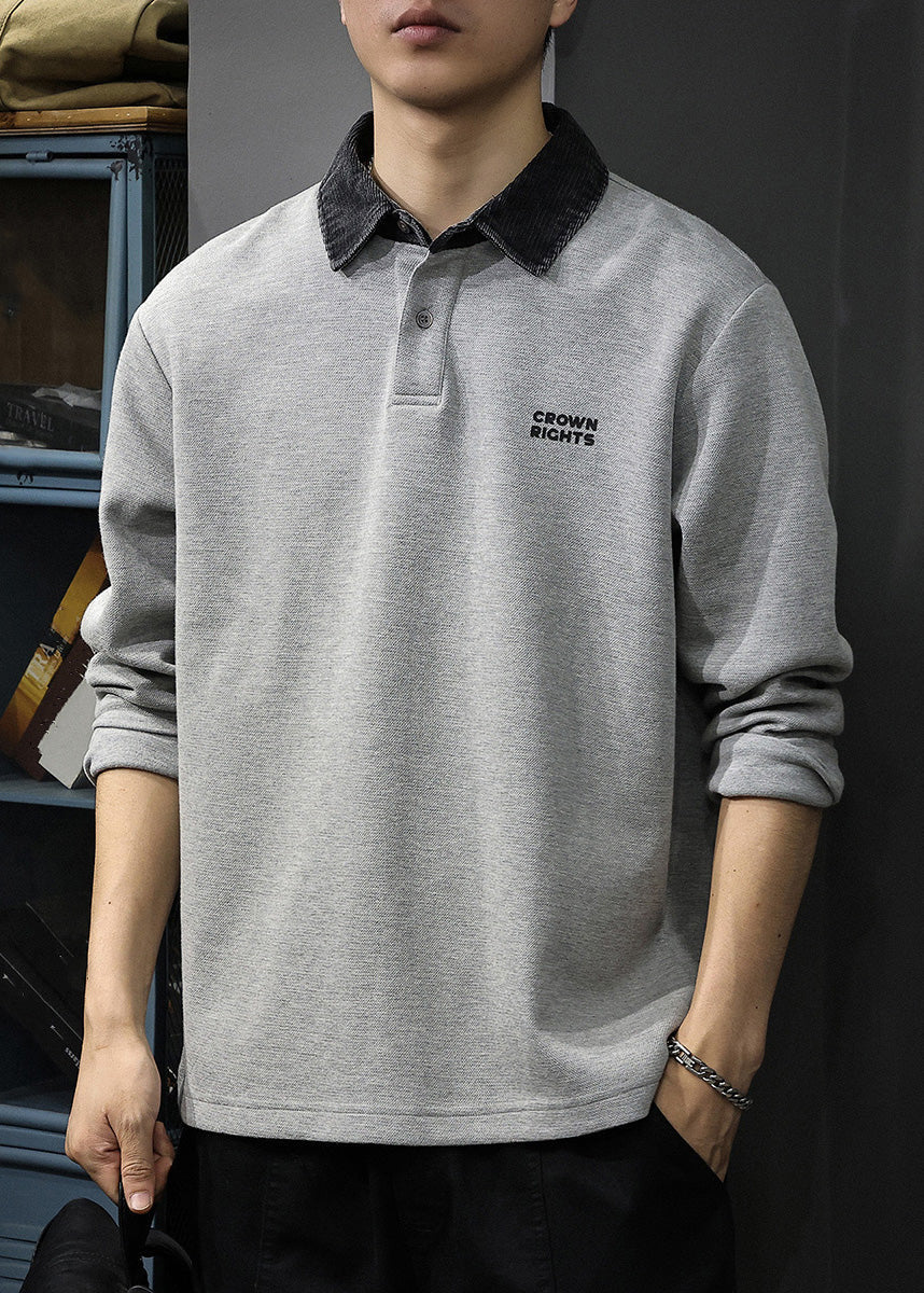 Sweatshirt Patchwork Men Classy Button Polo Cotton Oversized TC035 Spring Grey