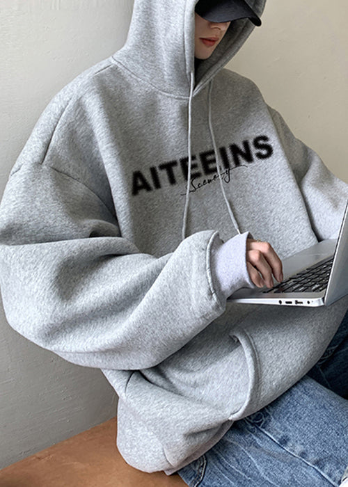 Classy Grey Hooded Letter Warm Fleece Mens Sweatshirts Spring YQ023