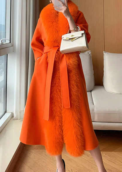 Classy Hermes Orange Fox Collar Pockets Tie Waist Woolen Maxi Coat Winter RD005