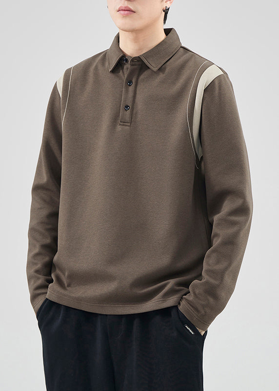 Classy Mo Polo Sweatshirts Button Spring TC032 Patchwork Herren Baumwolle Braun