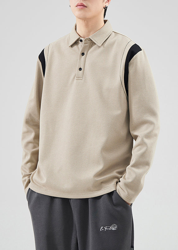 Classy Mo Polo Sweatshirts Button Spring TC032 Patchwork Herren Baumwolle Braun