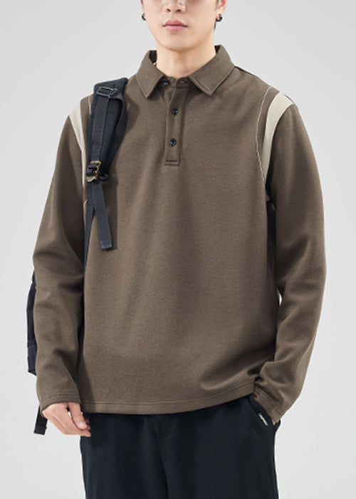 Classy Mo Polo Sweatshirts Button Spring TC032 Patchwork Herren Baumwolle Braun