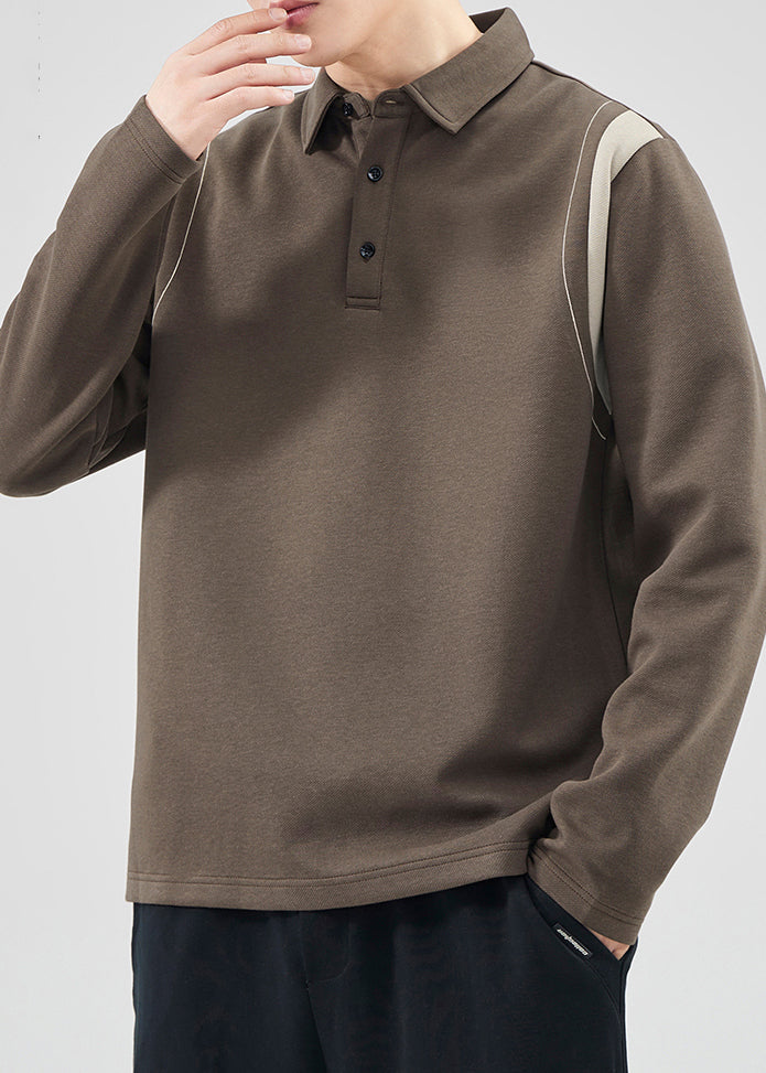Classy Mo Polo Sweatshirts Button Spring TC032 Patchwork Herren Baumwolle Braun