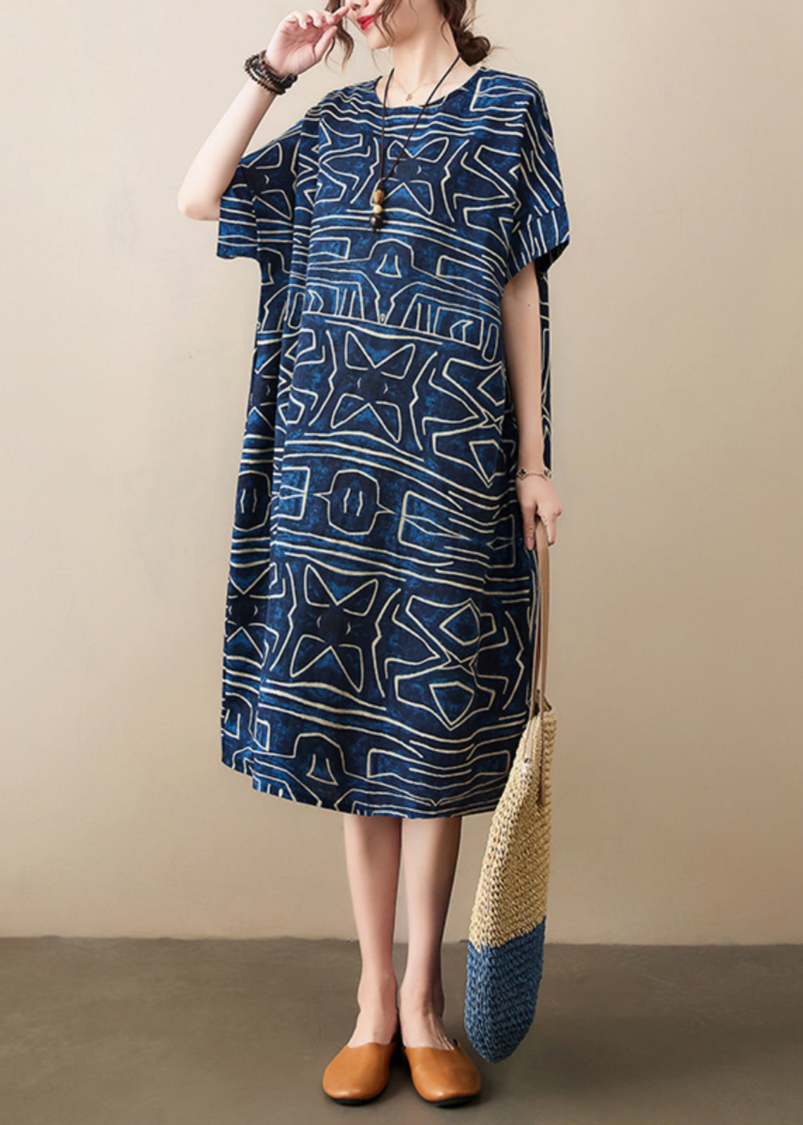 Robes d'été élégantes à imprimé bleu marine en lin surdimensionné
