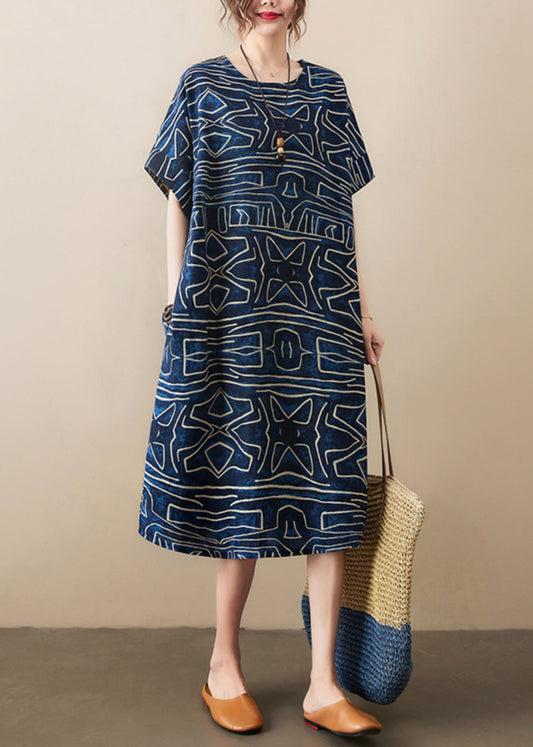 Robes d'été élégantes à imprimé bleu marine en lin surdimensionné