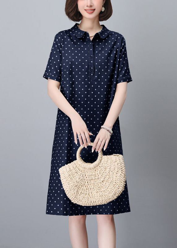 Robe d'été élégante en coton bleu marine avec col à pois et Peter mi-printemps