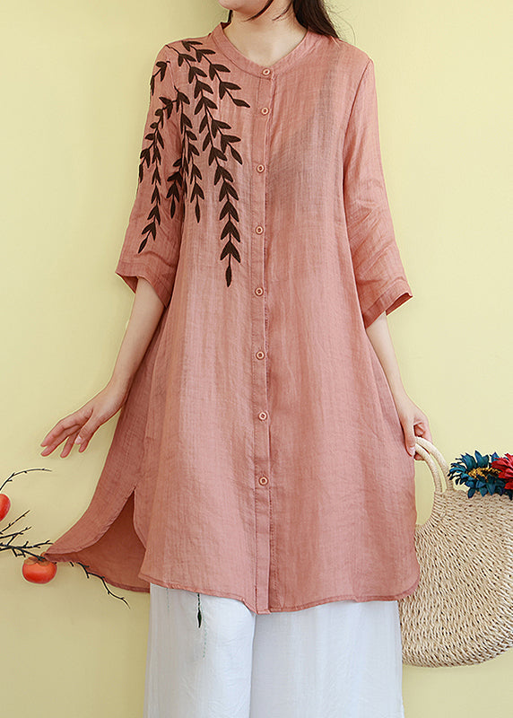 Edle orange bestickte Leinen Midi Kleider Sommer TM004